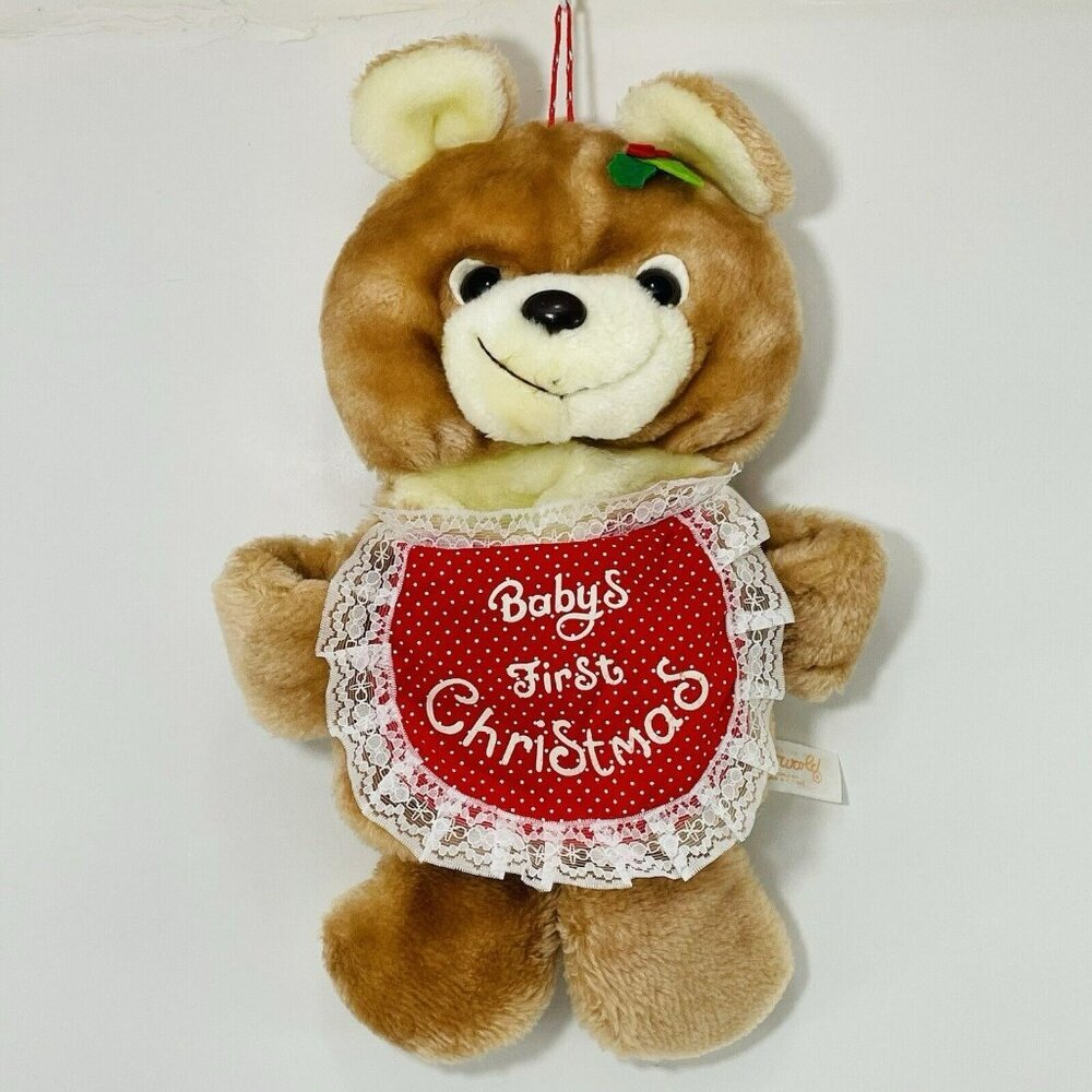 Vintage Baby First Christmas Stocking Bear Bib Hang Fun World Toy Candy Stuffer